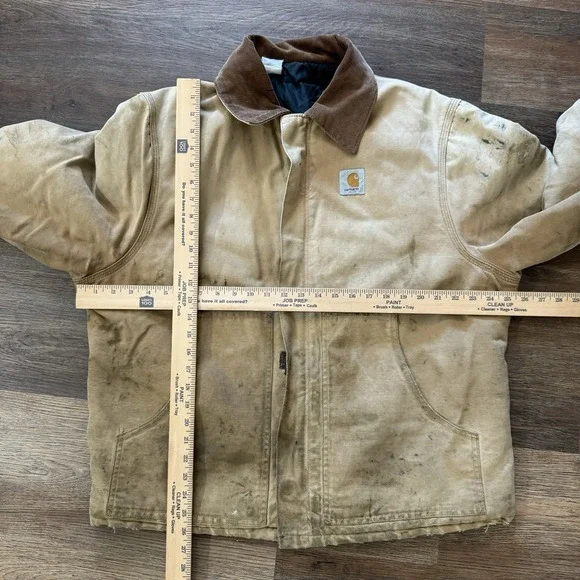 VTG‎ Carhartt Quilt Lined Canvas Chore Barn Coat Corduroy Collar Tan Distressed